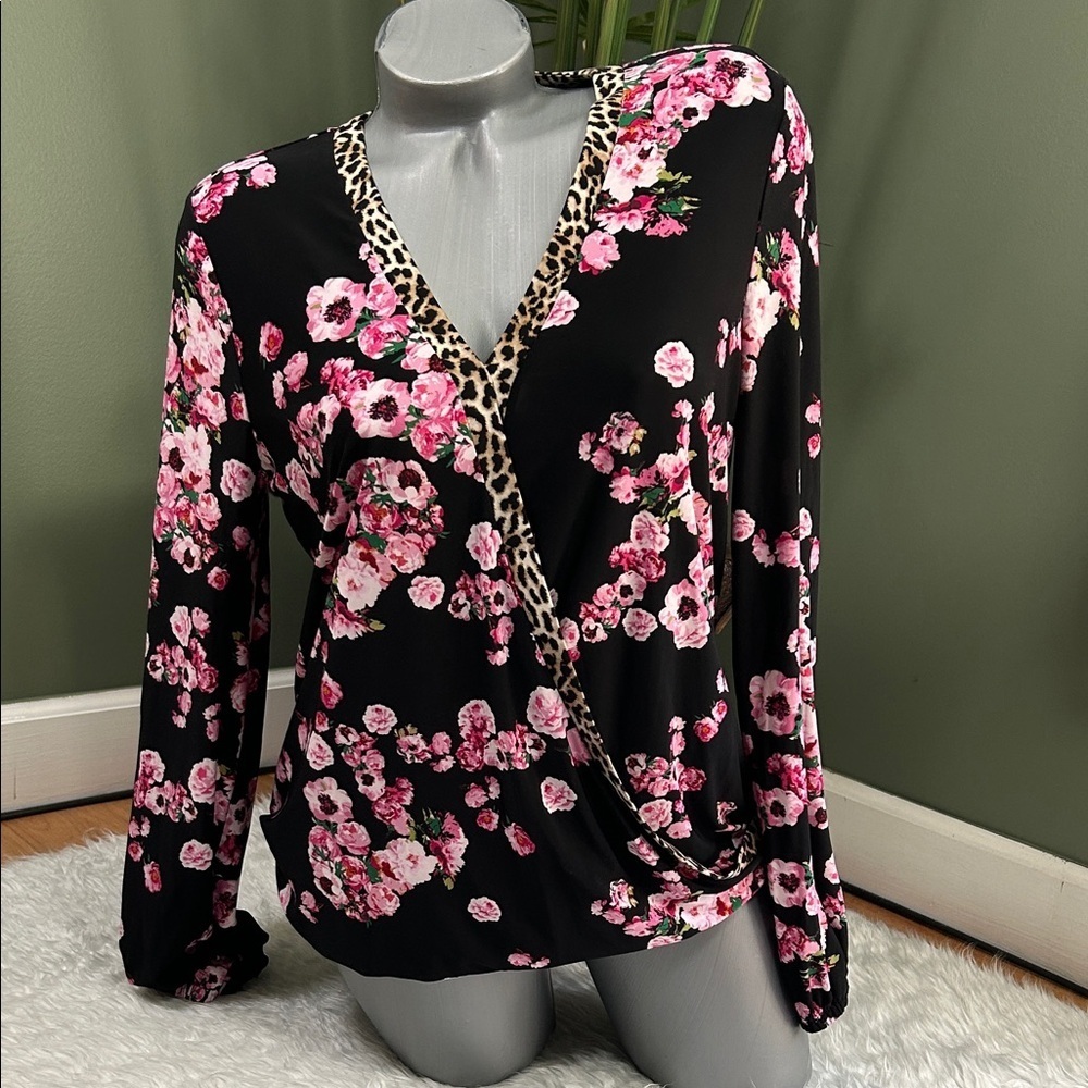 INC International Concepts Black Floral Blouse with Leopard Trim